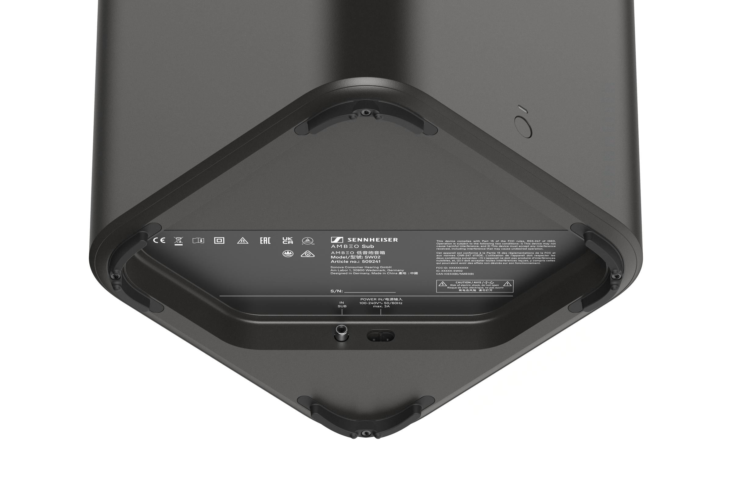 Sennheiser AMBEO Sub Wireless Subwoofer Black — bottom view with power cable