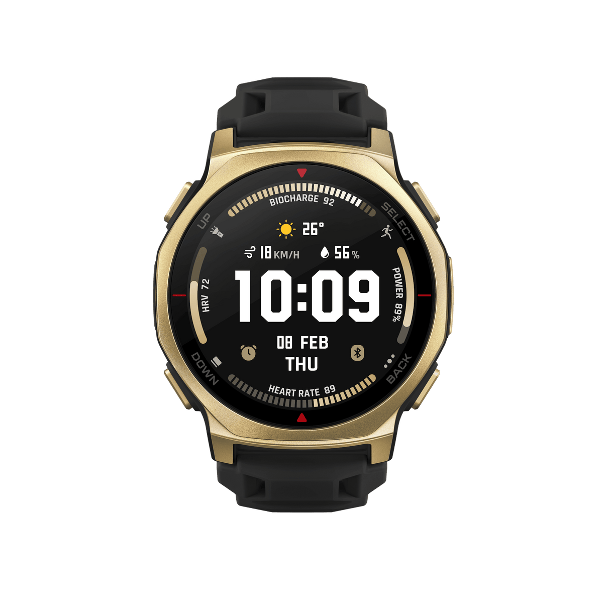 Amazfit T-Rex 3 Pro 44mm Smartwatch - Black Gold - front view, watch face