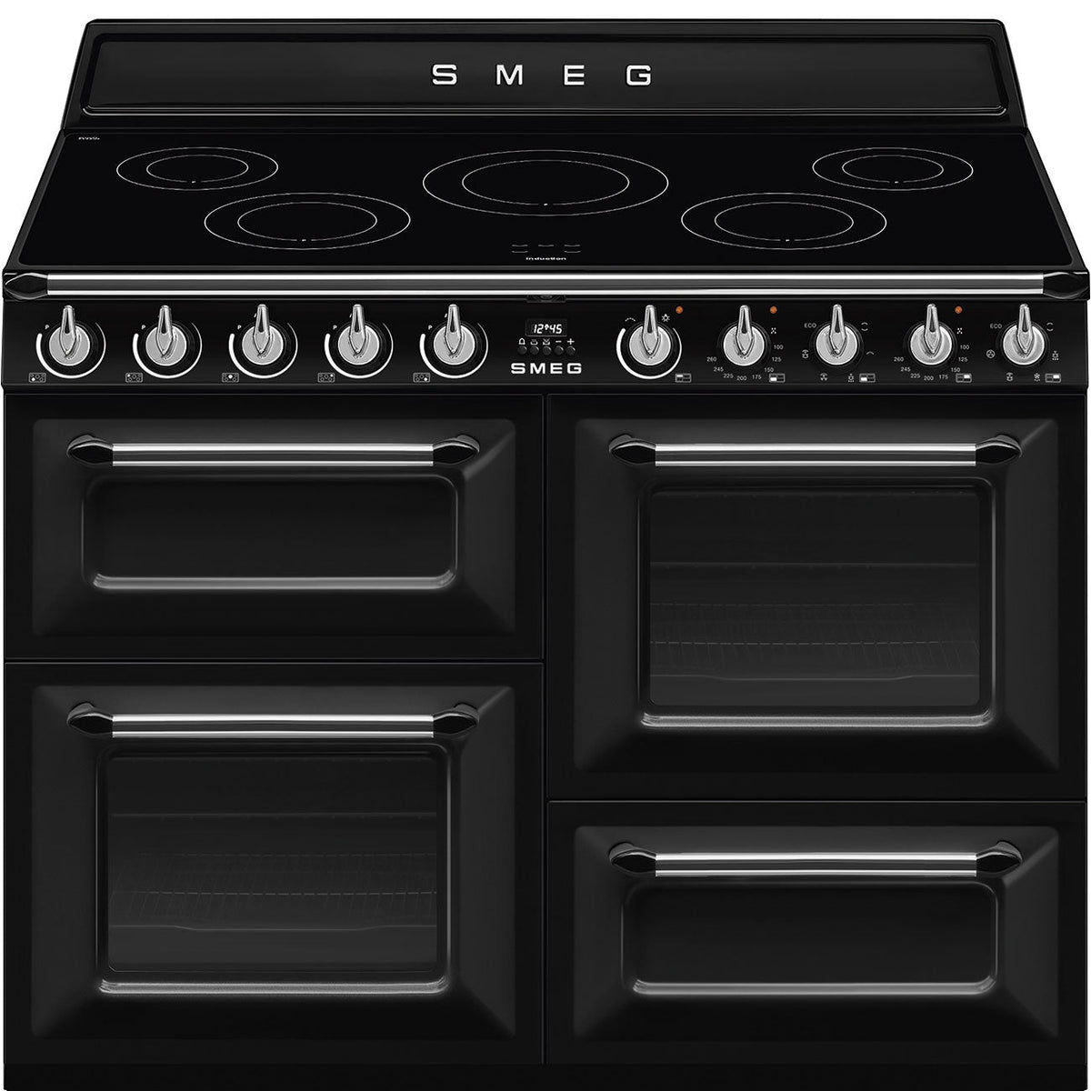 Smeg Victoria 110cm Induction Range Cooker with 3 Ovens - Black - front view