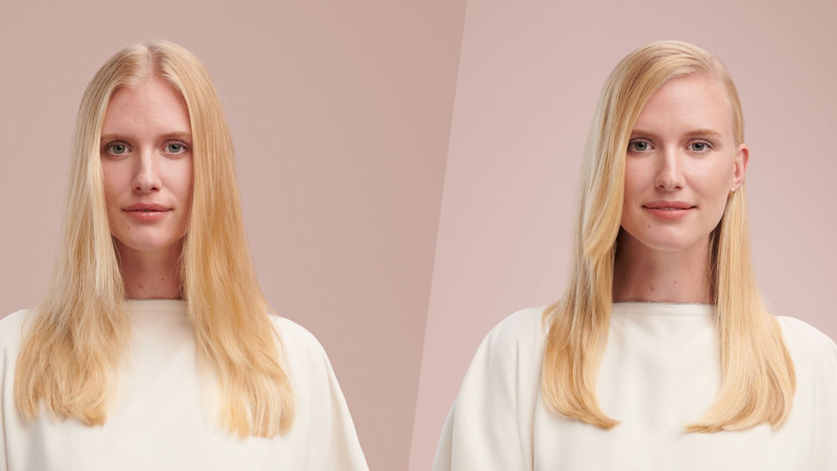 Dyson Airwrap Origin Multi-Styler and Dryer - Prussian Blue/Rich Copper - sleek side part, before and after