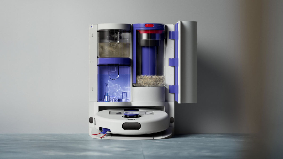 Dyson R2 Nurovi Wash+Dry Robot Vacuum - Light Grey/Vinca Blue - inside the dock