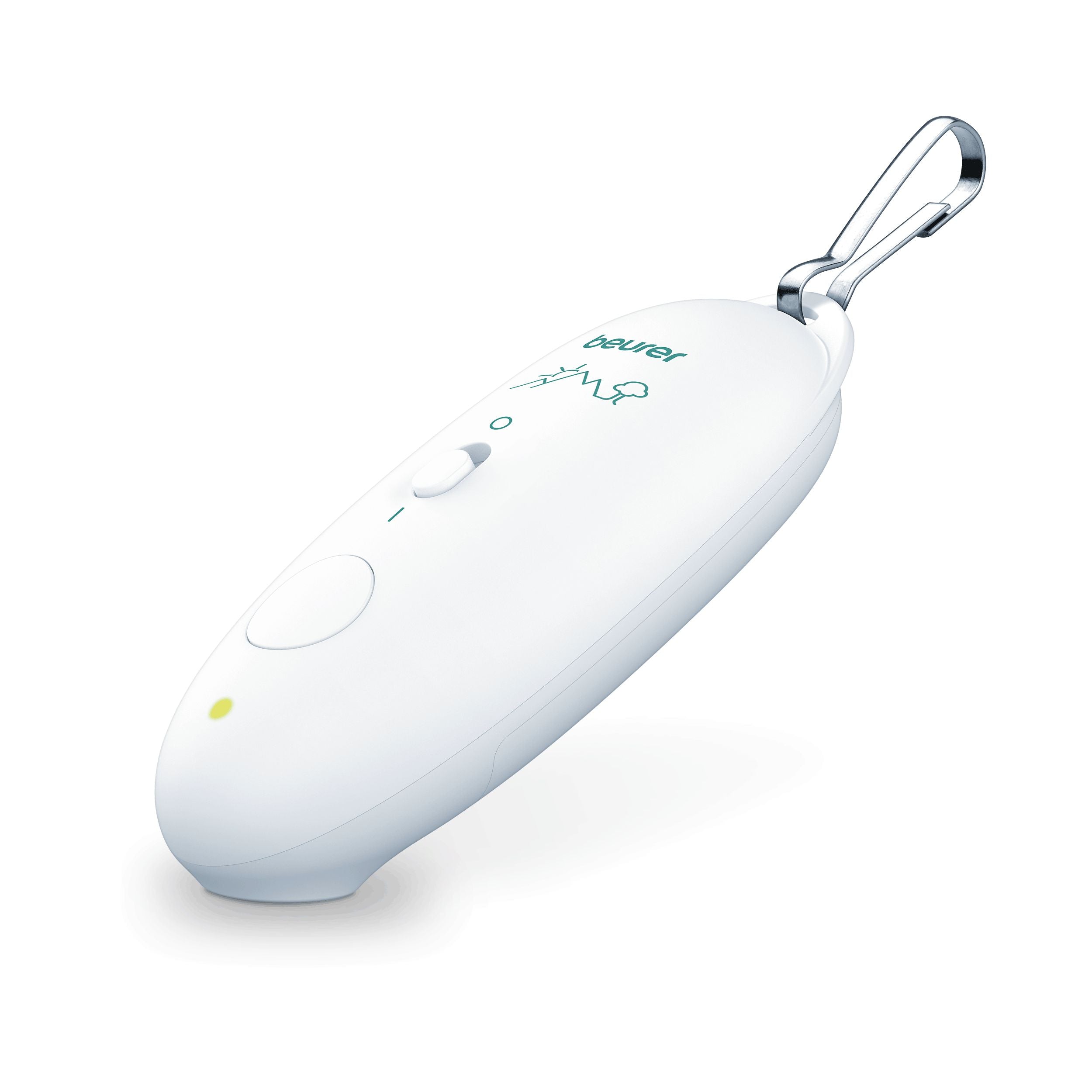 Beurer BR 10 BiteX Travel insect bite healer, White — angled view showing carabiner clip
