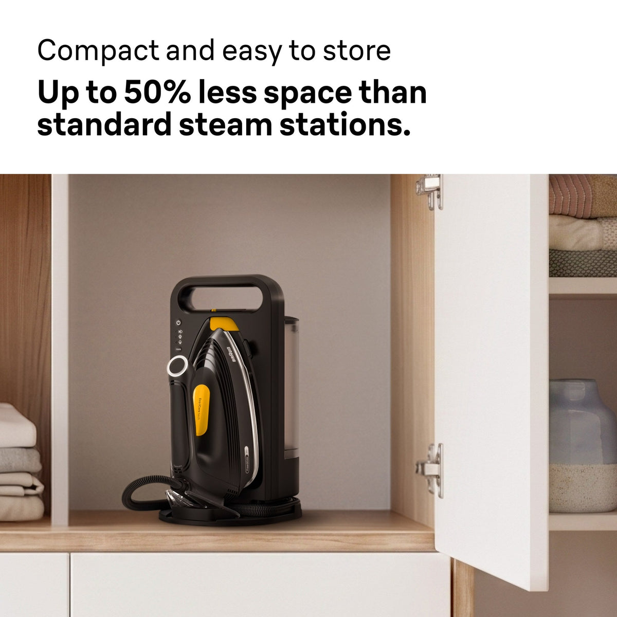 Braun UpStyle 2 Steam Generator Iron - Black - stored in a cupboard