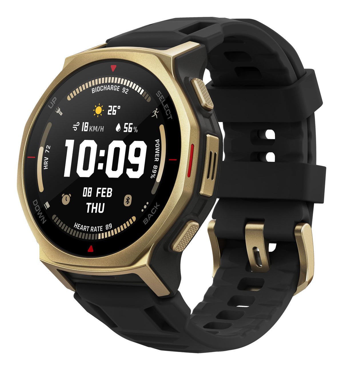 Amazfit T-Rex 3 Pro 44mm Smartwatch - Black Gold - angled view, left