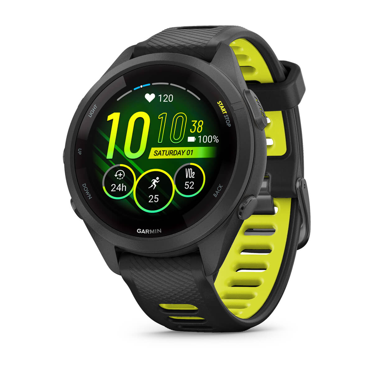 Garmin Forerunner 265S Music GPS Running Smartwatch - front view , screen on