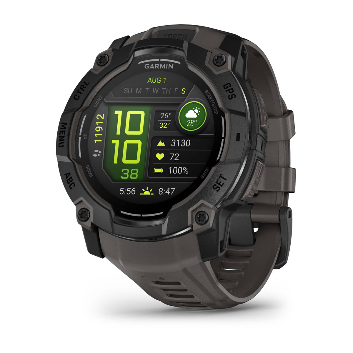 Garmin Instinct 3 50mm AMOLED Rugged GPS Smartwatch - front view , screen on
