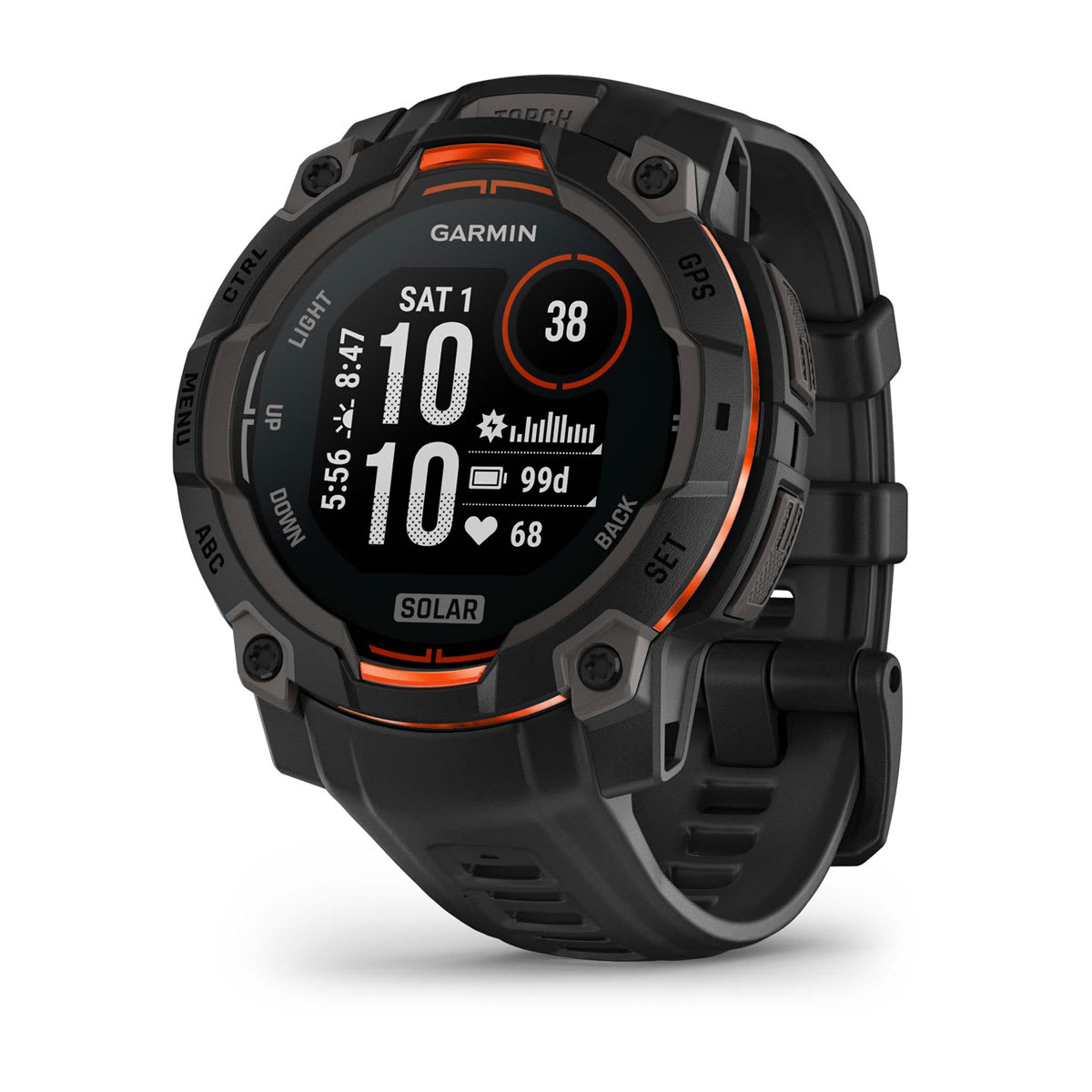 Garmin Instinct 3 45mm Solar Rugged GPS Smartwatch - front view , screen on