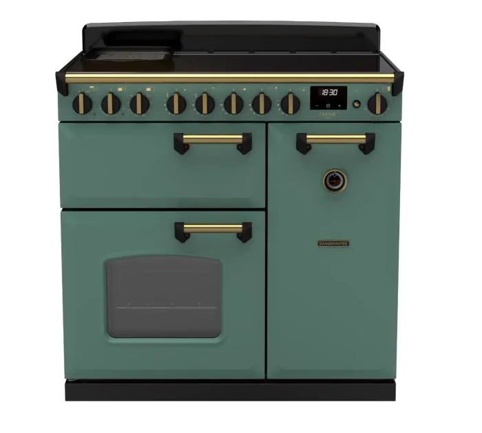 Rangemaster Classic Deluxe 90cm Dual Fuel Mineral Green with Brass Trim | CDL90DFFMG/B
