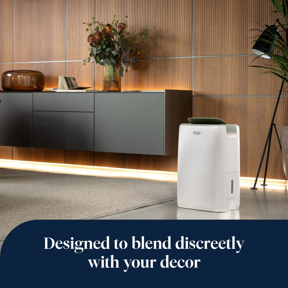 De'Longhi Tasciugo AriaDry Evo 12L Dehumidifier - White - in a living room