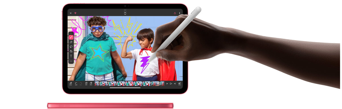 Apple iPad 11" (A16) 128GB Wi-Fi Tablet - Pink - drawing with Apple Pencil on the pink iPad