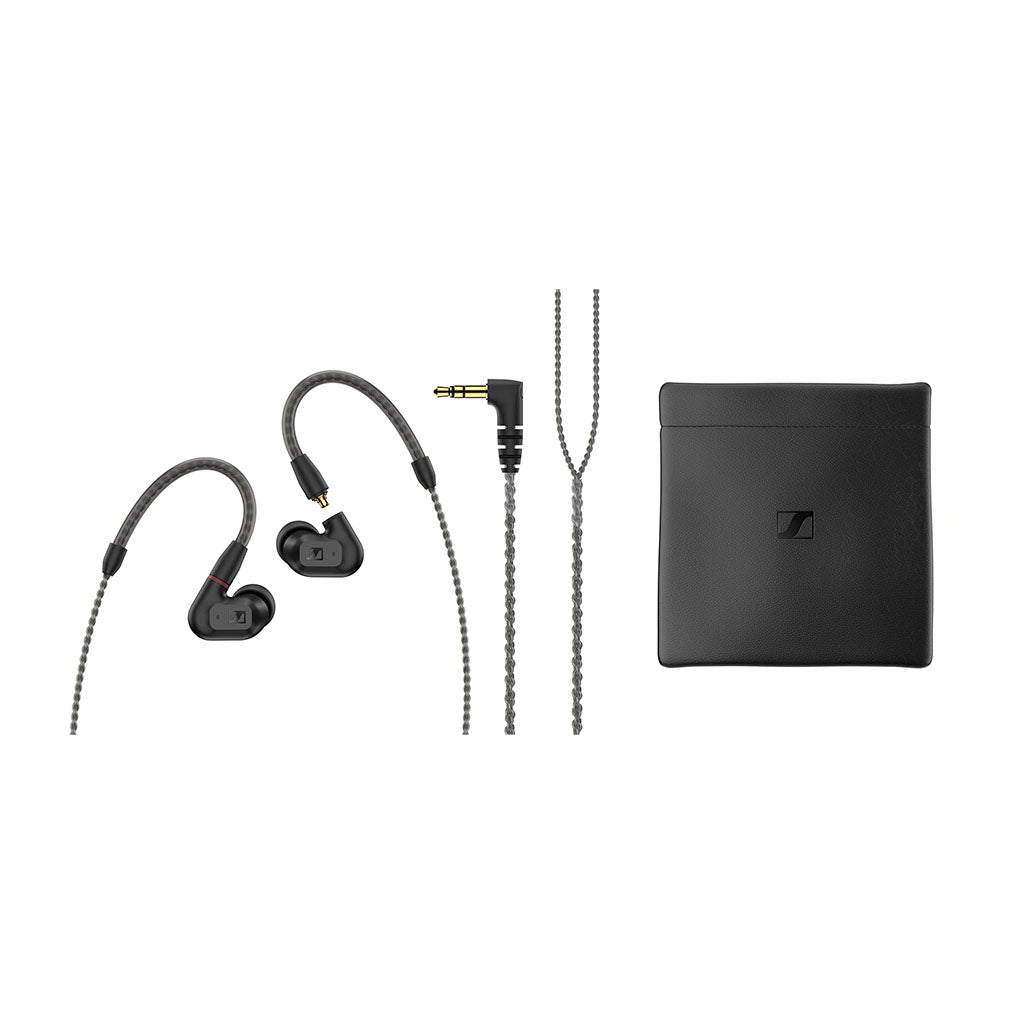 Sennheiser IE 200 Audiophile Earphones Black — overview with cables and carrying case