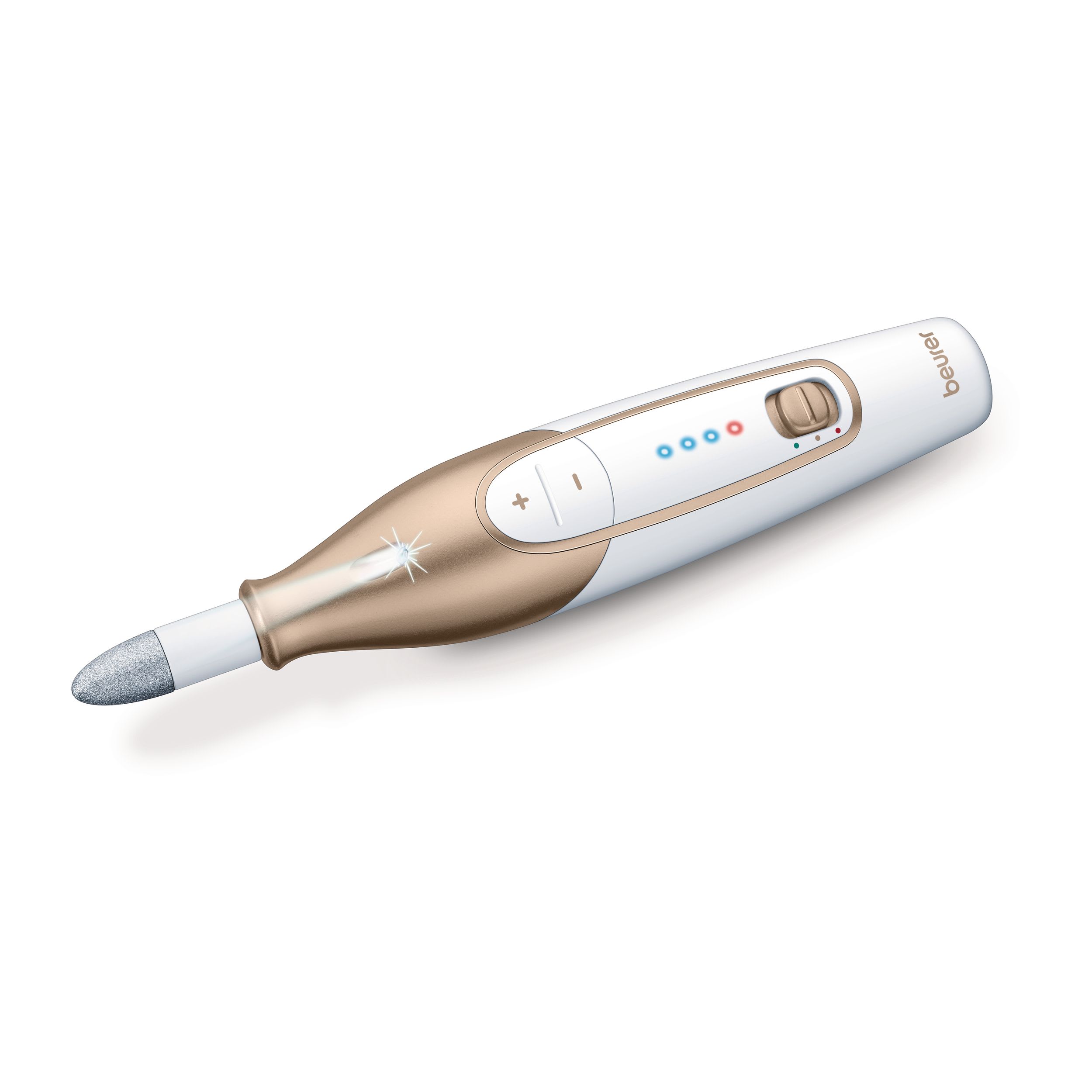 Beurer MP 64 Cordless Manicure/Pedicure Set Gold, studio shot showing gold and white cordless device with no cable
