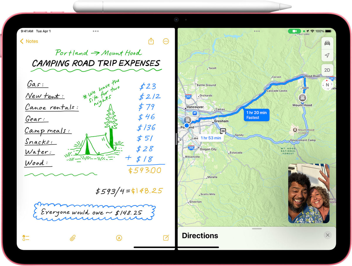 Apple iPad 11" (A16) 128GB Wi-Fi Tablet - Pink - pink iPad with Notes and Maps side by side