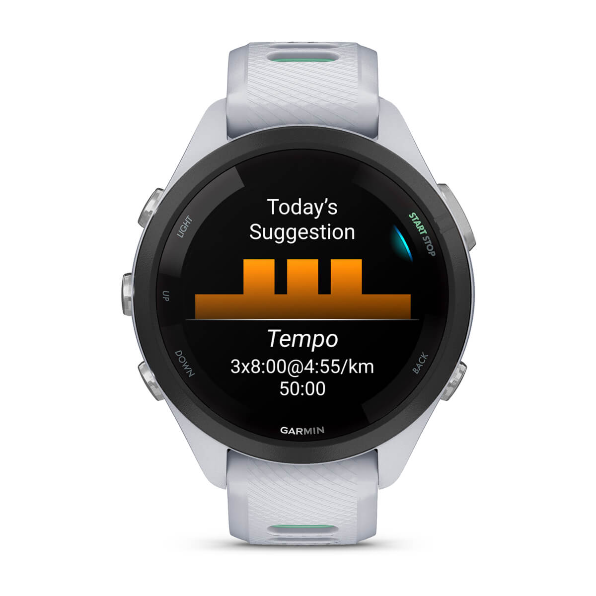 Garmin Forerunner 265S Music GPS Running Smartwatch - front view, display screen feature