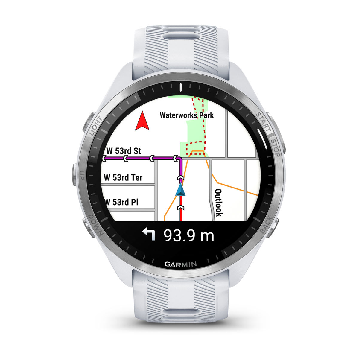 Garmin Forerunner 965 GPS Running Smartwatch - front view, display screen feature