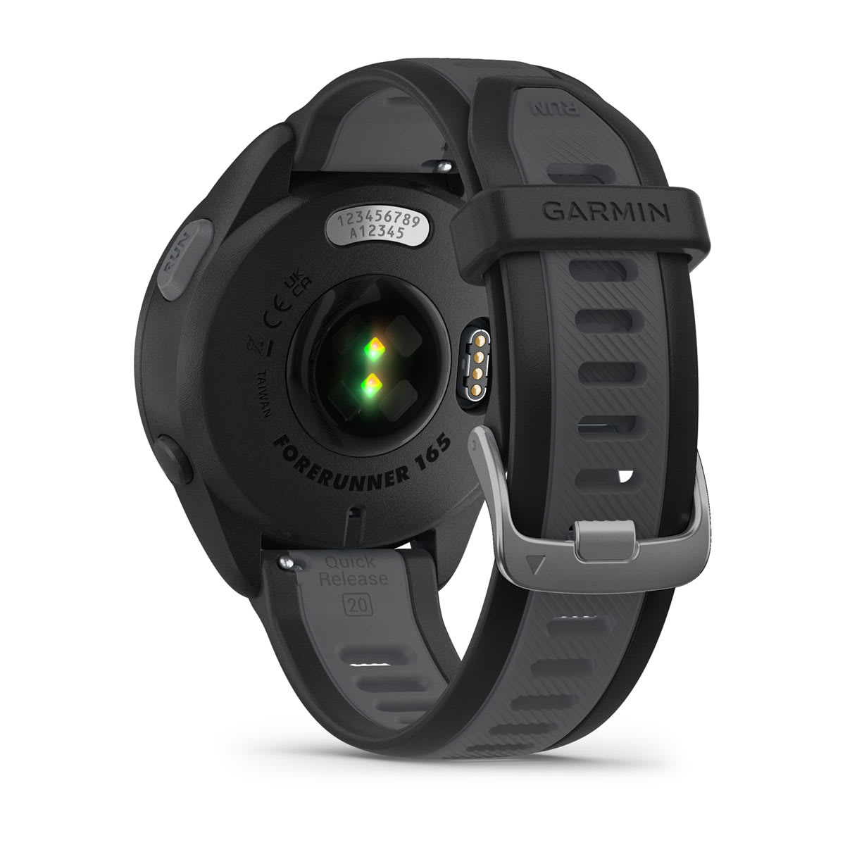 Garmin Forerunner 165 Music GPS Running Smartwatch - back view, heart-rate sensor