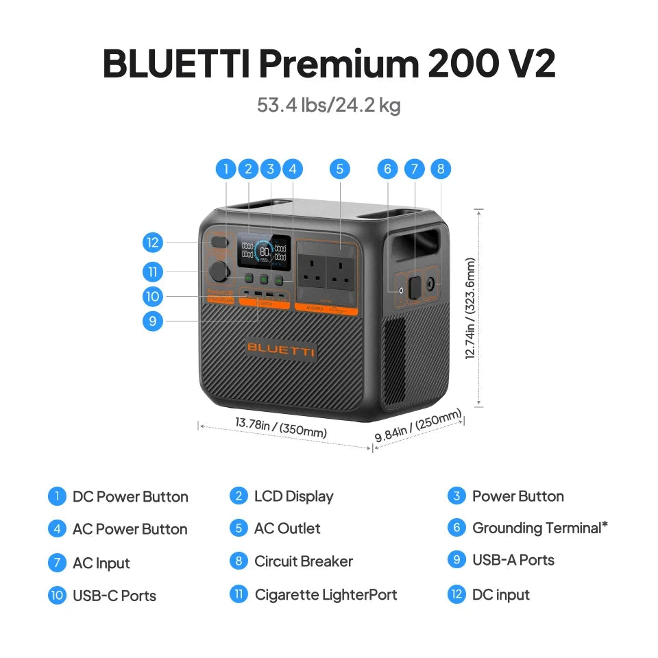 BLUETTI Premium 200 V2 2,073.6Wh 2,700W Portable Power Station - ports and dimensions