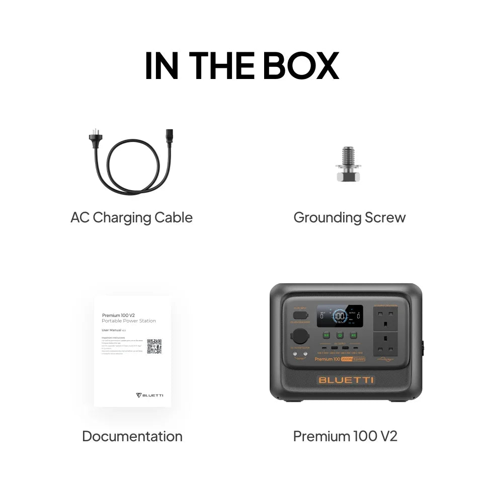 BLUETTI Premium 100 V2 1,024Wh 1,800W Portable Power Station - what's in the box