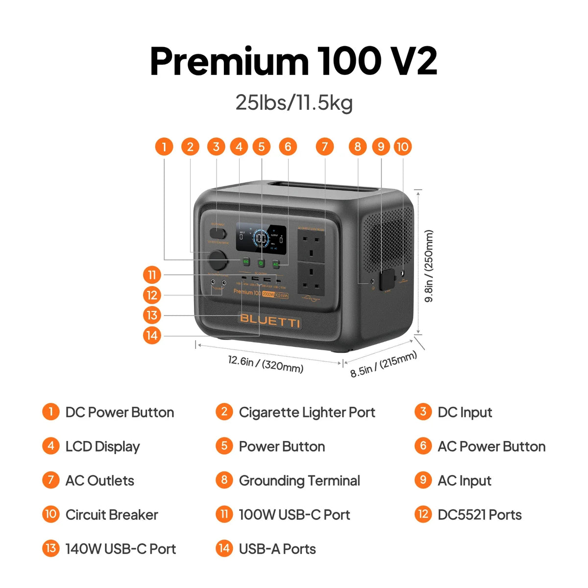 BLUETTI Premium 100 V2 1,024Wh 1,800W Portable Power Station - ports and dimensions