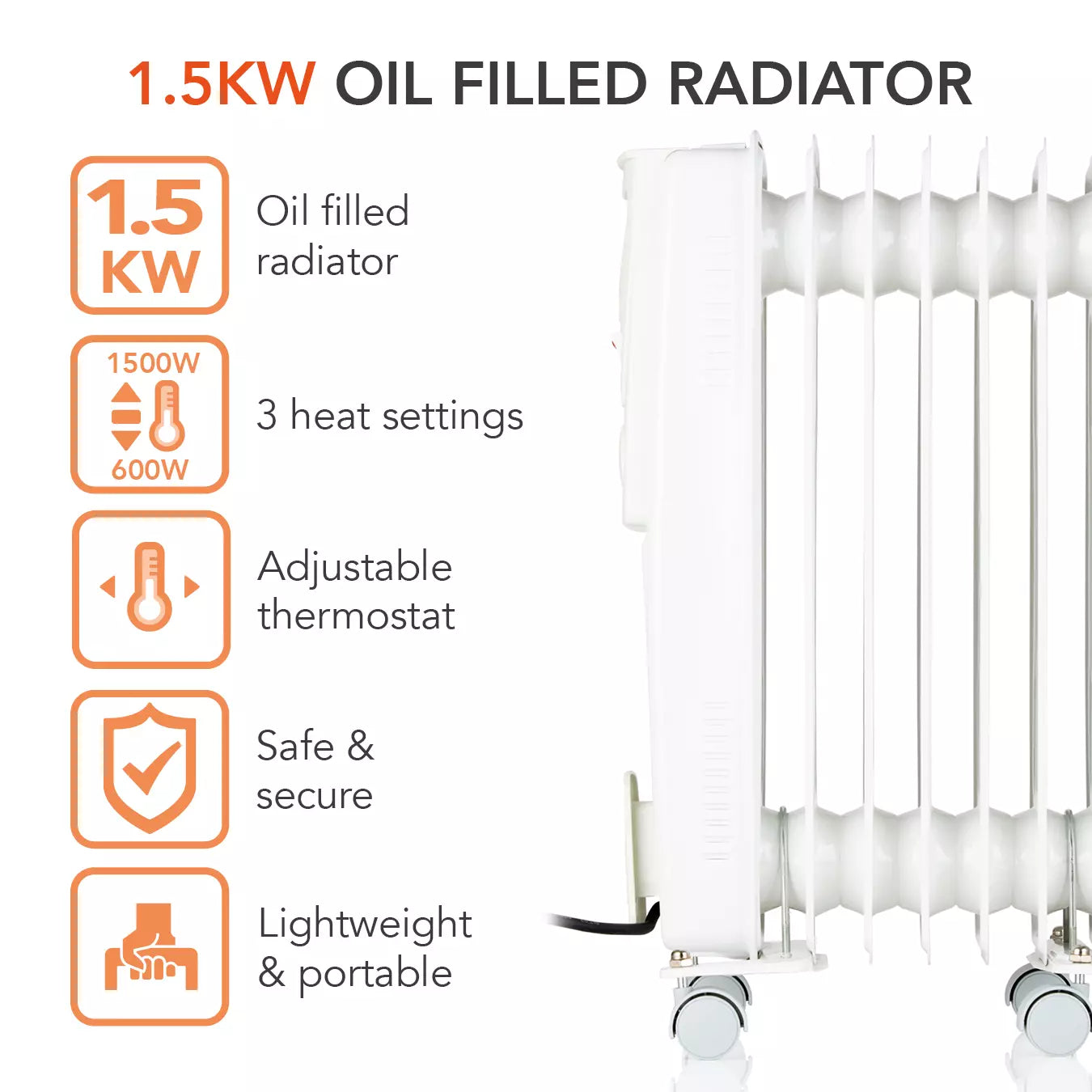 Warmlite WL43003YW 1.5kW 7-fin oil filled radiator feature and specification graphic showing 1500W-600W three heat settings