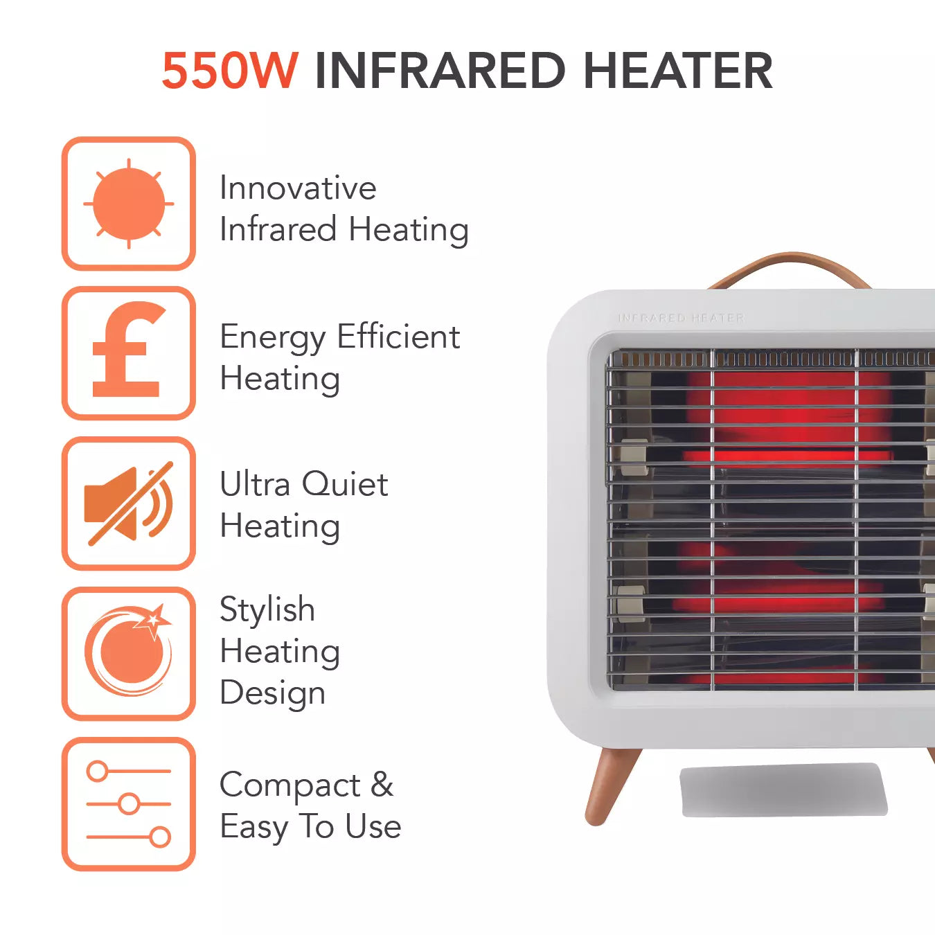 Warmlite WL42016 550W infrared heater feature and specification graphic