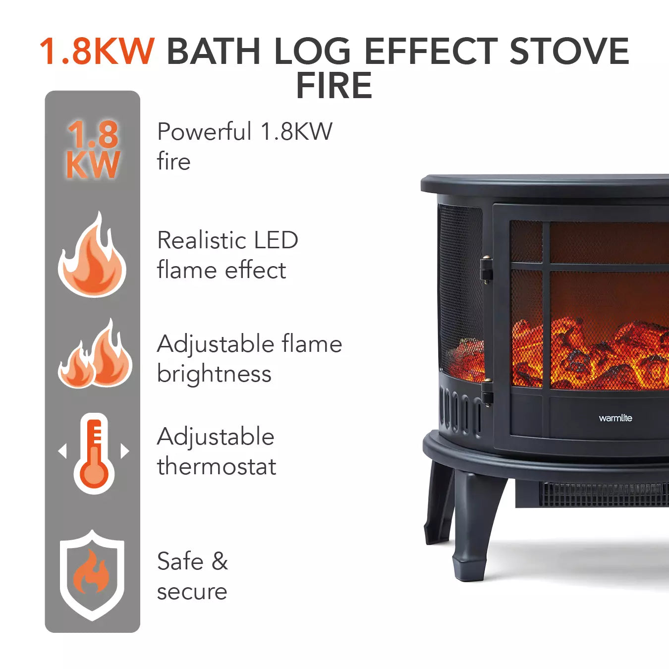 Warmlite Bath WL46017 1.8kW log effect stove fire feature and specification graphic