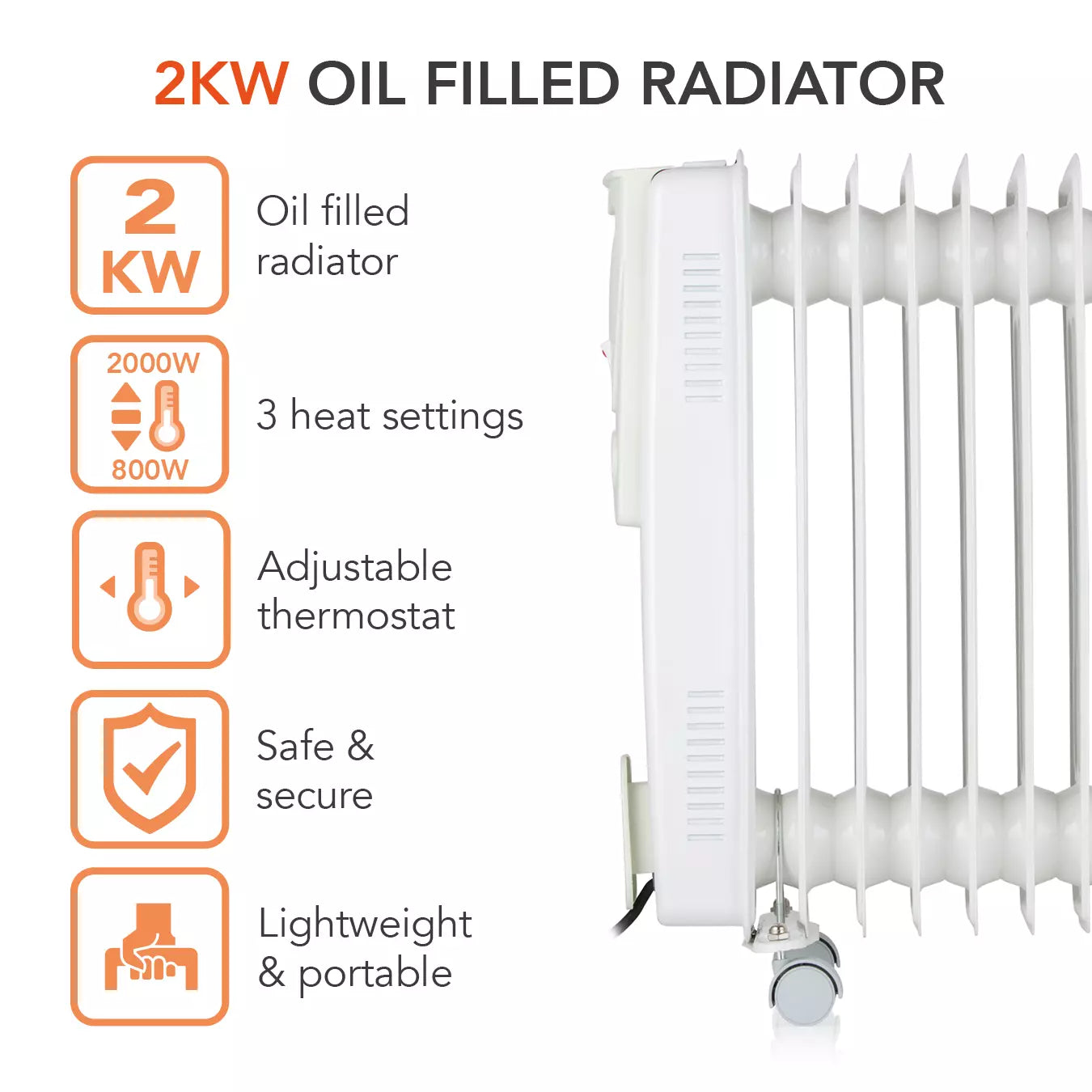 Warmlite WL43004YW 2kW 9-fin oil filled radiator feature and specification graphic showing 2000W-800W three heat settings