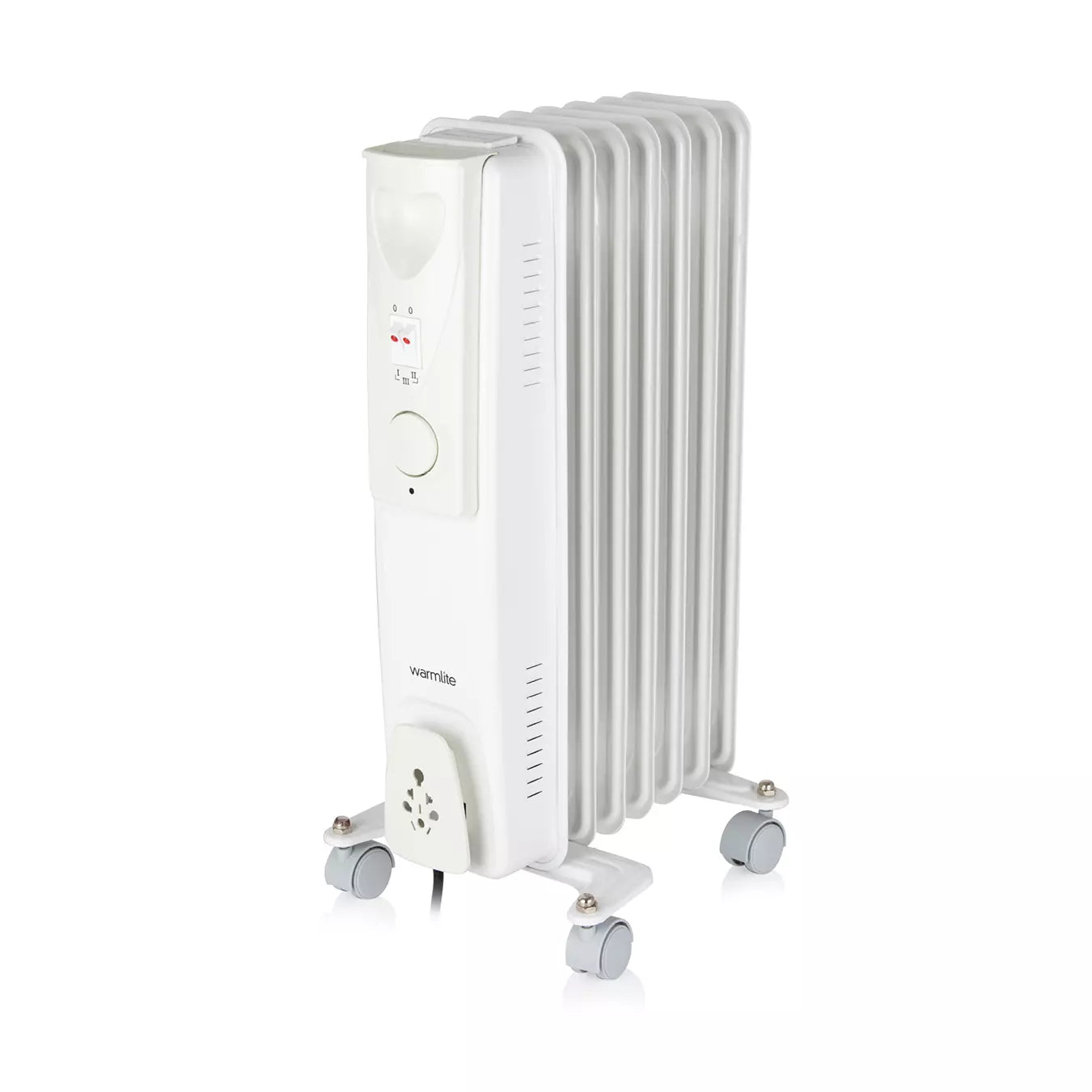 Warmlite WL43003YW 1500W 7-fin oil filled radiator in white - clean studio front view