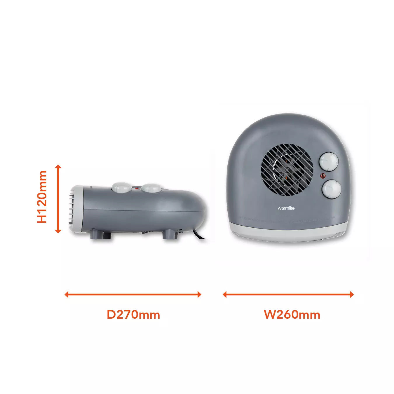 Warmlite WL44004DT flat fan heater dimensions diagram - H120 x D270 x W260mm