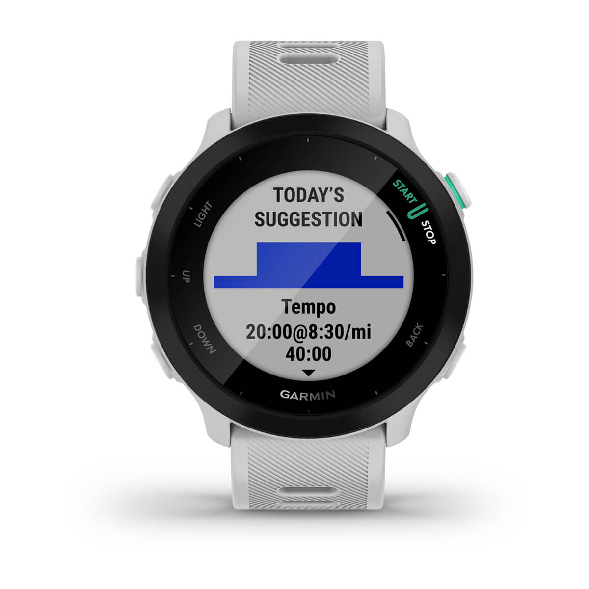 Garmin Forerunner 55 GPS Running Smartwatch - front view, screen on