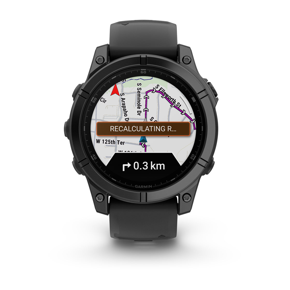 Garmin fenix E 47mm AMOLED GPS Smartwatch - front view, screen on