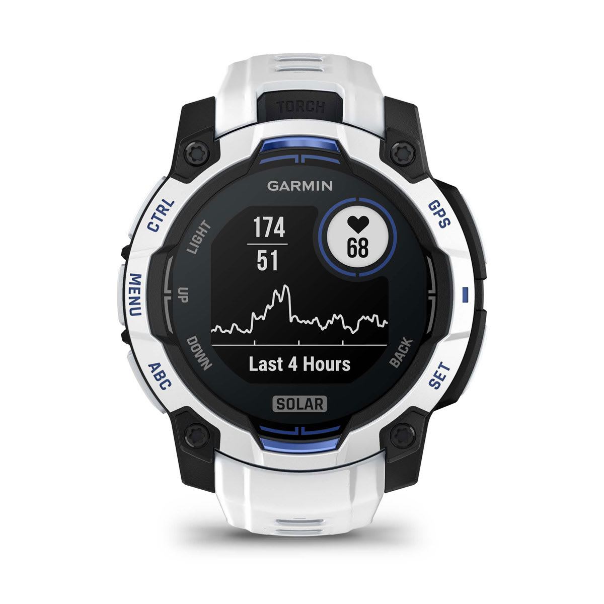Garmin Instinct 3 45mm Solar Rugged GPS Smartwatch - front view, screen on