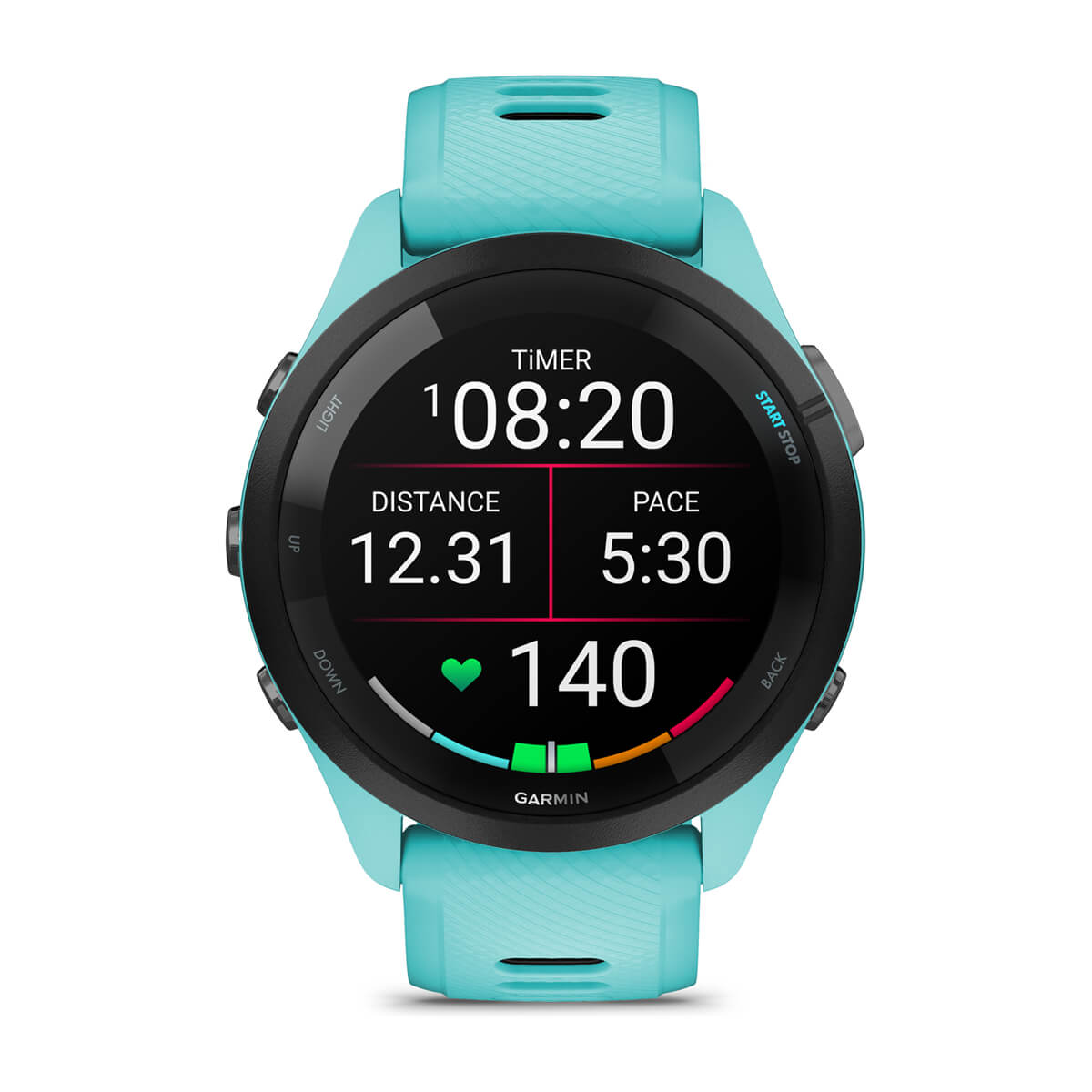 Garmin Forerunner 265 Music GPS Running Smartwatch - front view, screen on