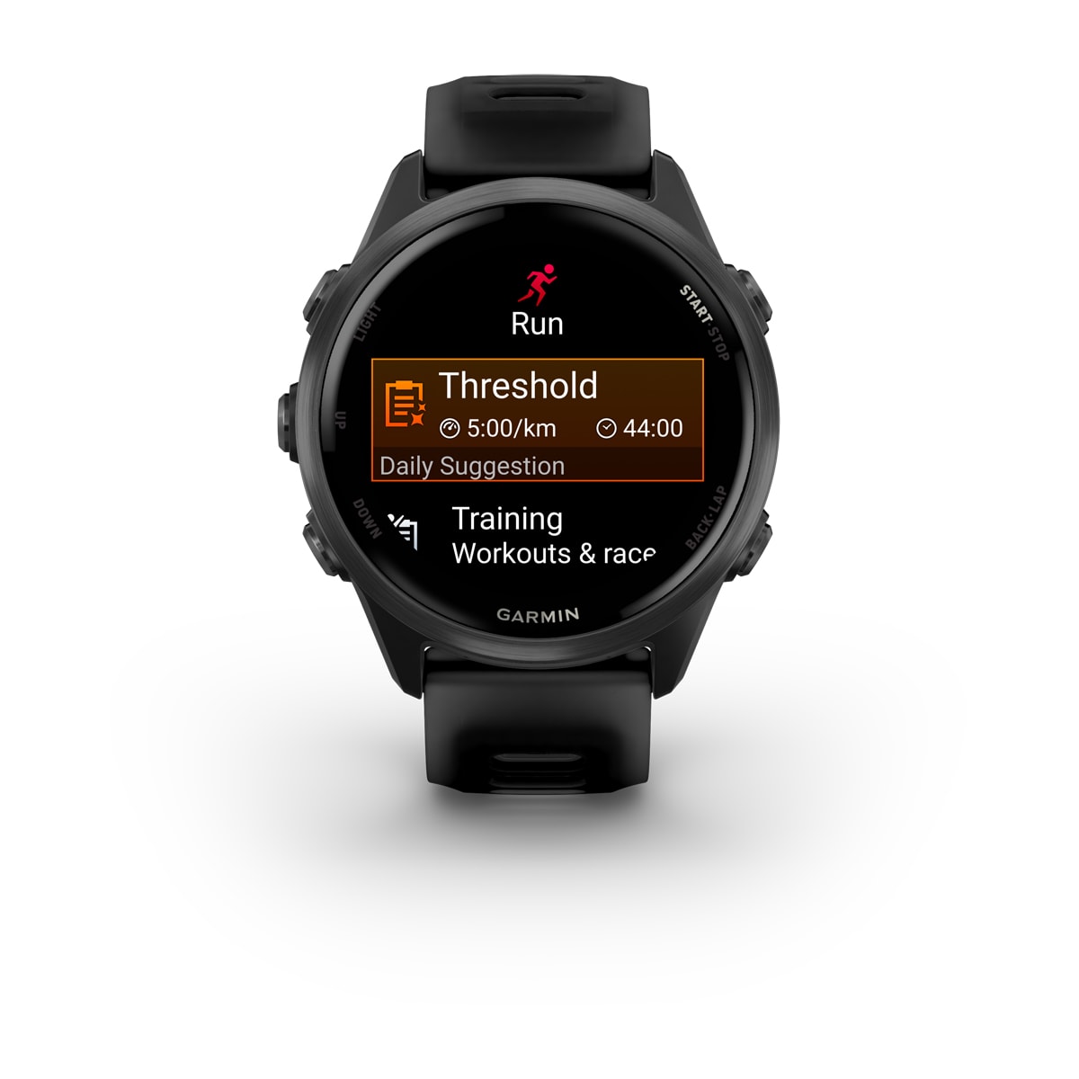 Garmin Forerunner 570 42mm GPS Running Smartwatch - front view, screen on