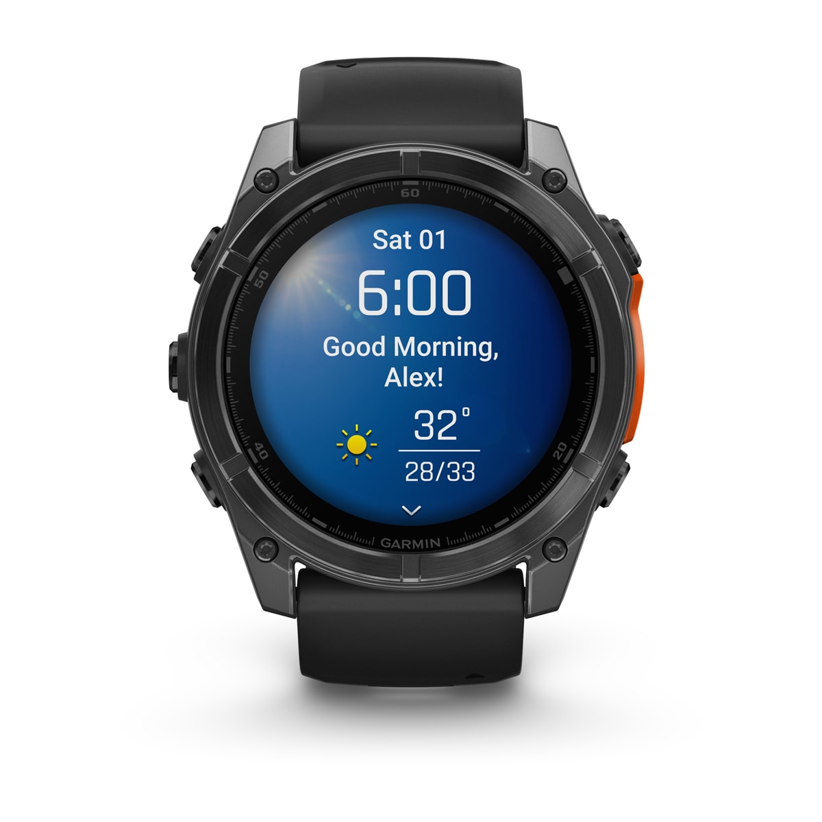 Garmin fenix 8 51mm AMOLED GPS Smartwatch - front view, screen on