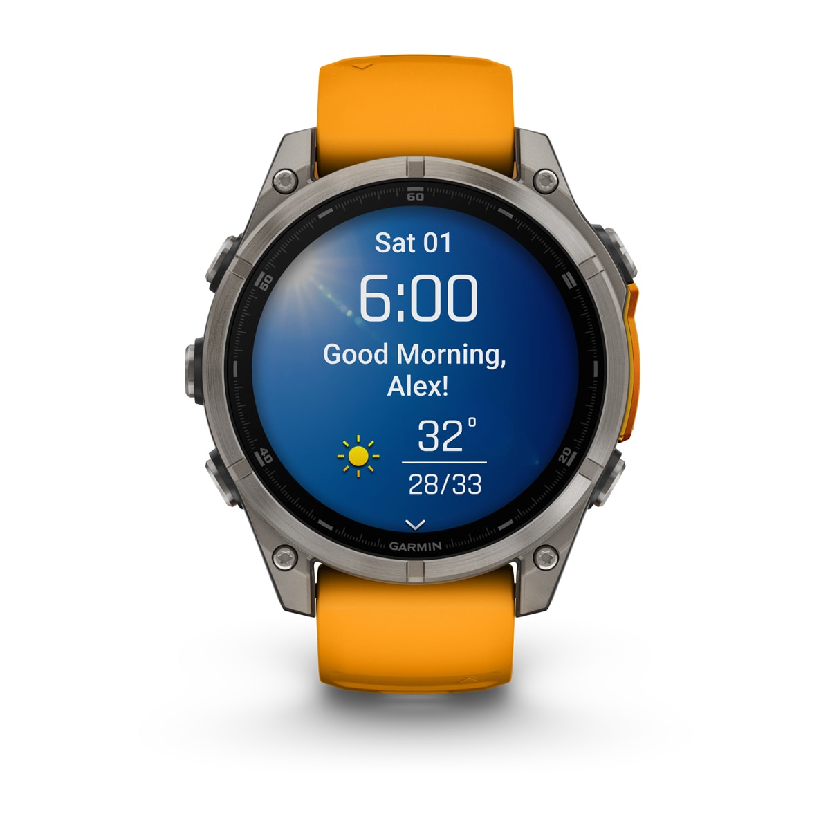Garmin fenix 8 47mm AMOLED Sapphire GPS Smartwatch - front view, screen on