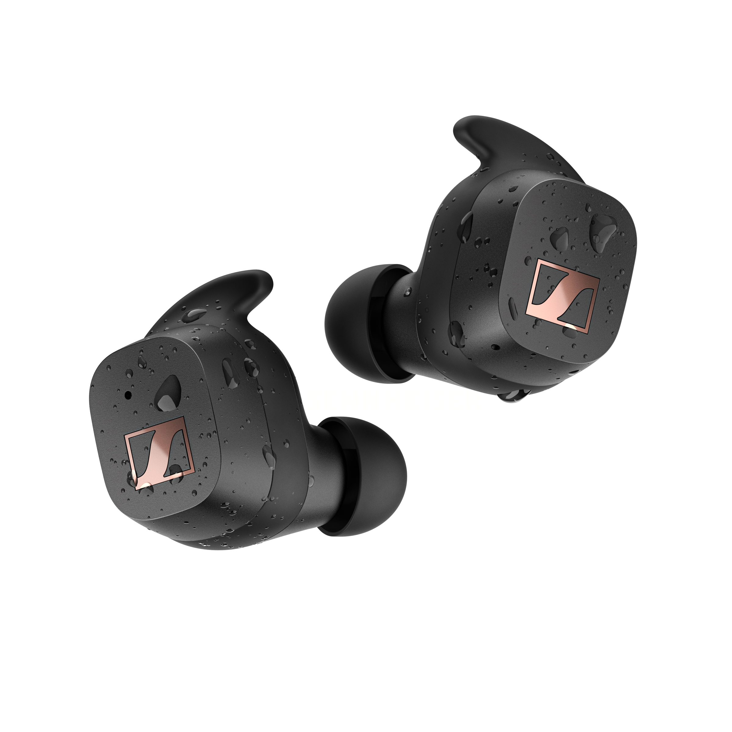Sennheiser SPORT True Wireless Earphones Black — studio pair with water droplets, angled front