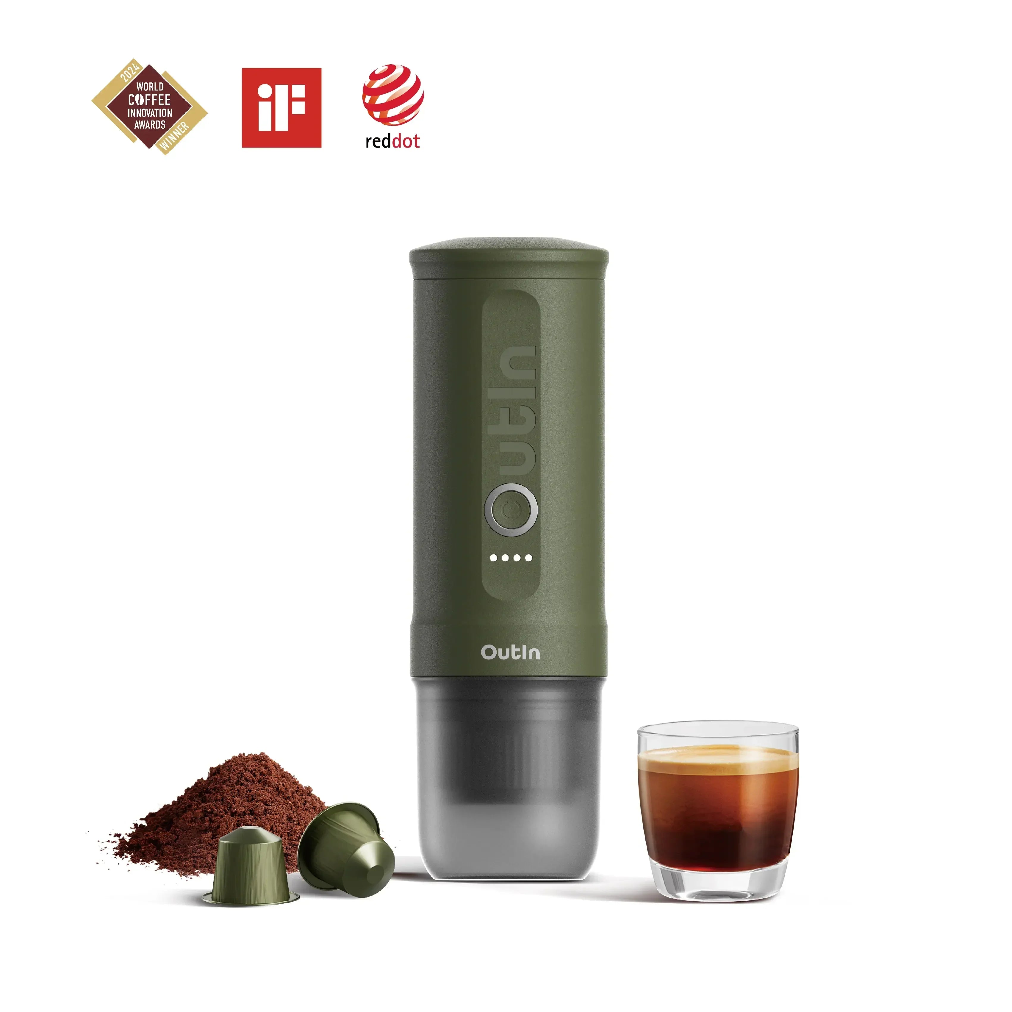 Outin Nano portable espresso machine in Forest Green with ground coffee, coffee capsules and a glass of espresso