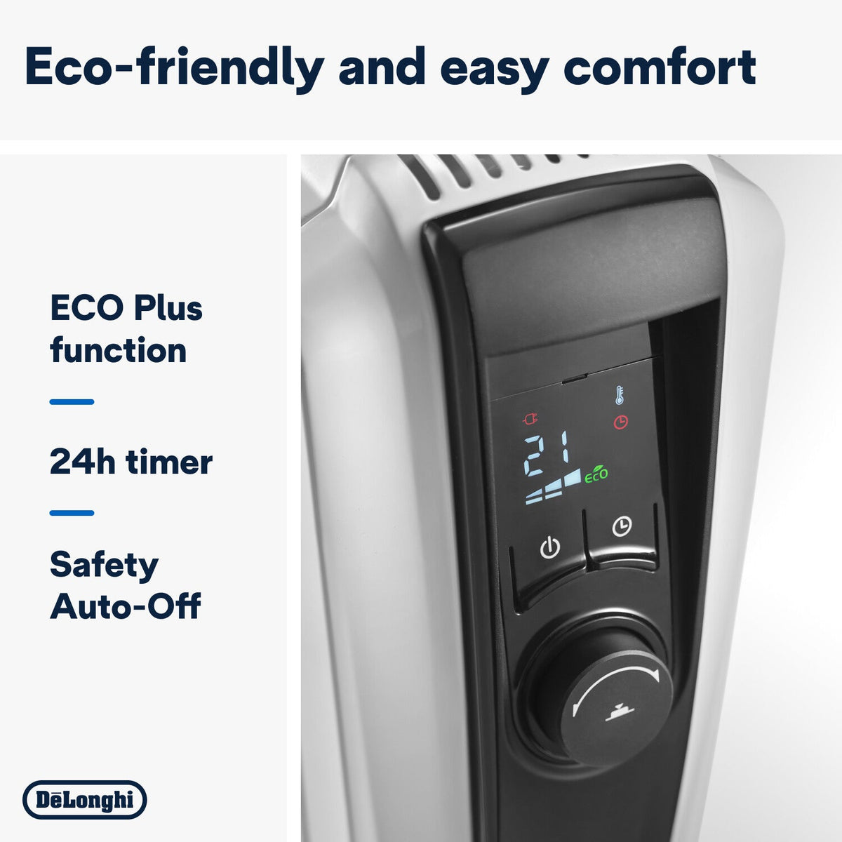 De'Longhi Dragon 4 2kW Oil-Filled Radiator - White - ECO Plus, 24h timer and Safety Auto-Off