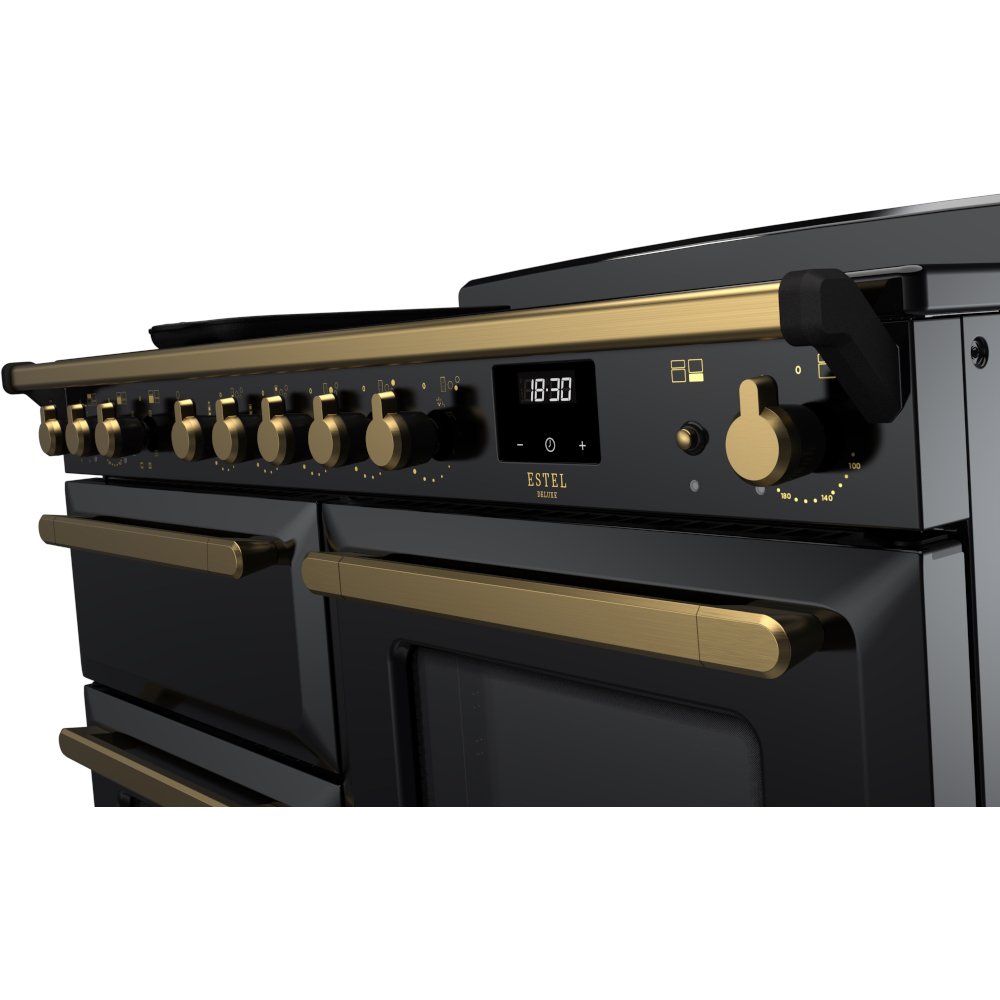 Rangemaster Estel Deluxe 110 Induction range cooker in Gloss Black with Brass trim