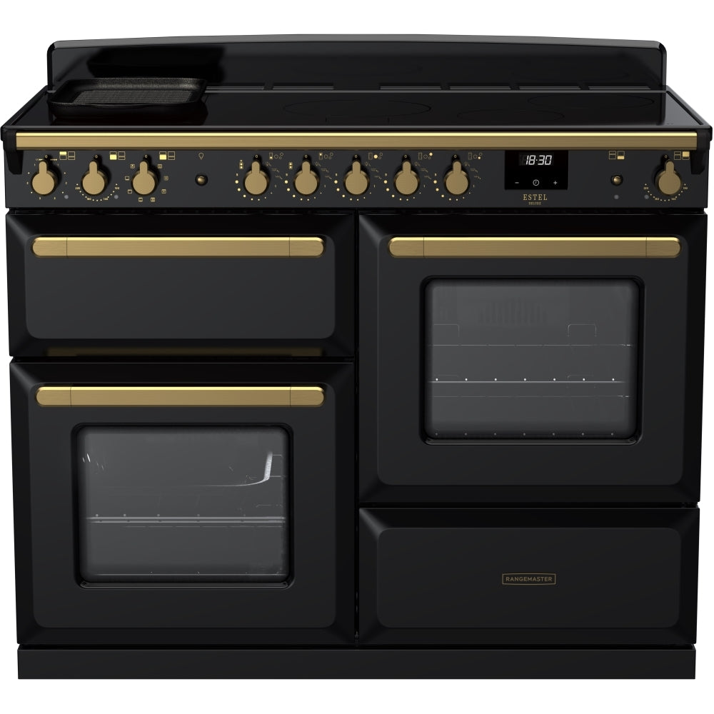 Rangemaster Estel Deluxe 110 Induction range cooker in Gloss Black with Brass trim