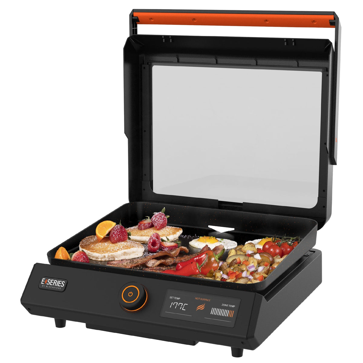 Blackstone E-Series 17" Electric Tabletop Griddle with Hood - Black - front view, hood open