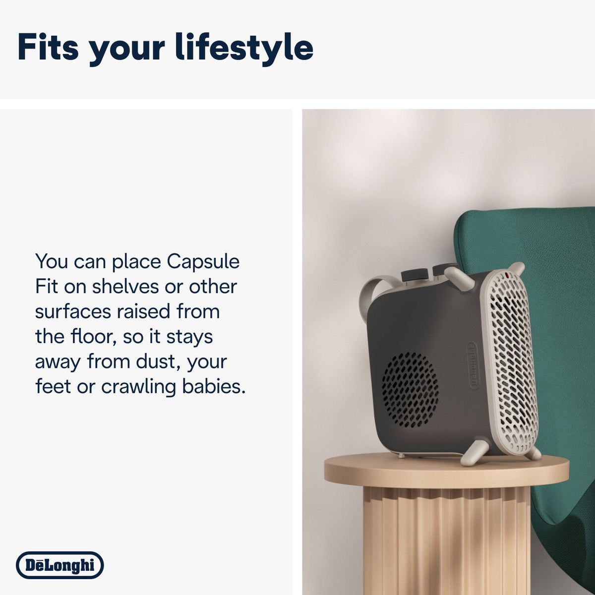 De'Longhi Capsule Fit 2400W Fan Heater - Grey - on a raised surface