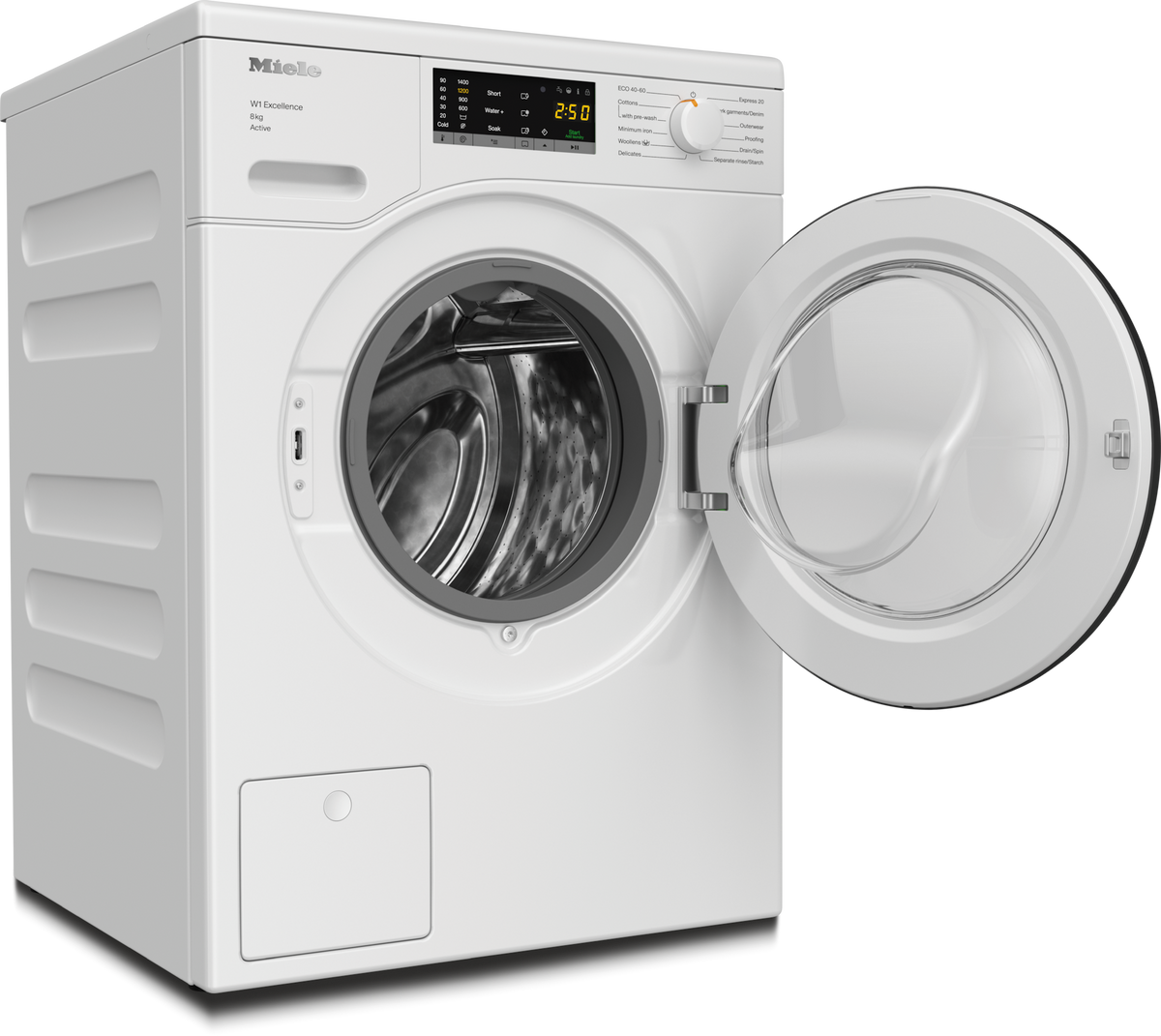Miele W1 Active WEA125 WCS 8kg 1400rpm Washing Machine - Lotus White - door open, angled