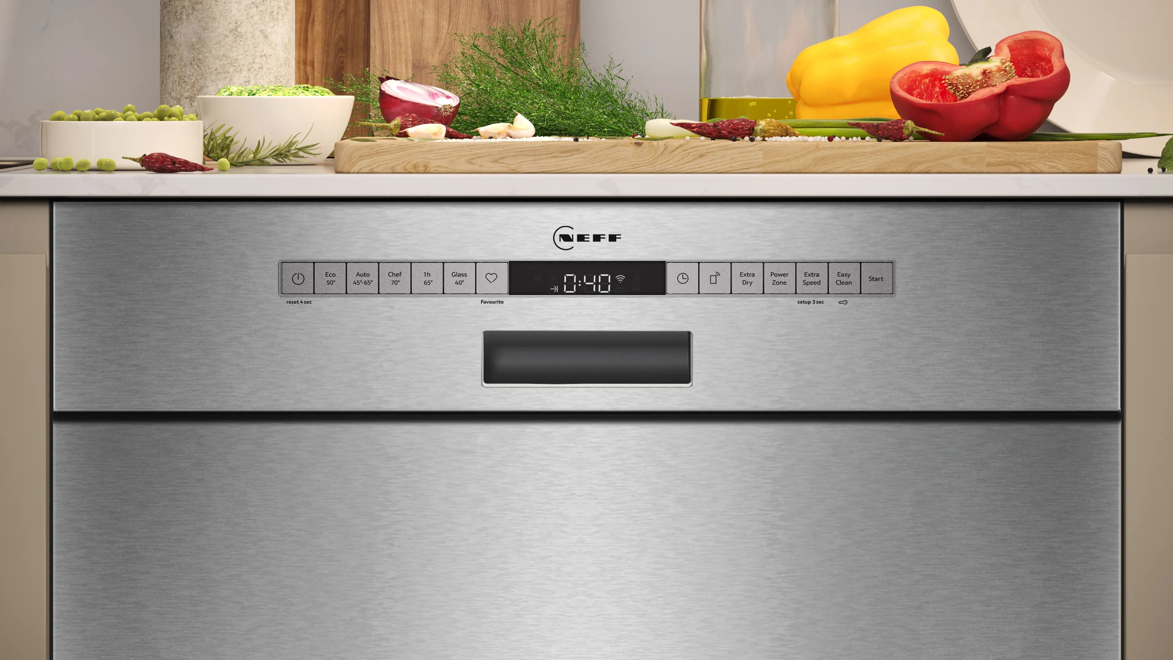 NEFF S145HTS01G N50 semi-integrated dishwasher in Brushed Steel