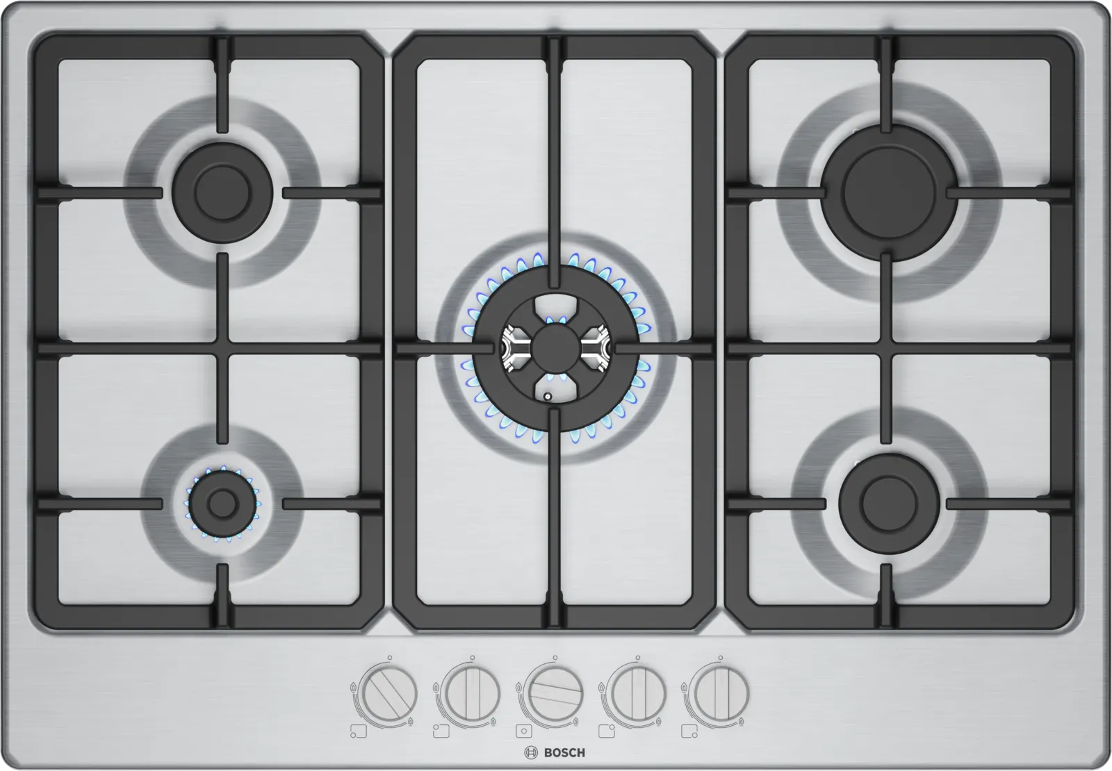 Bosch PGQ7B5K90 Series 4 75cm 5 burner gas hob with central wok burner in Stainless Steel