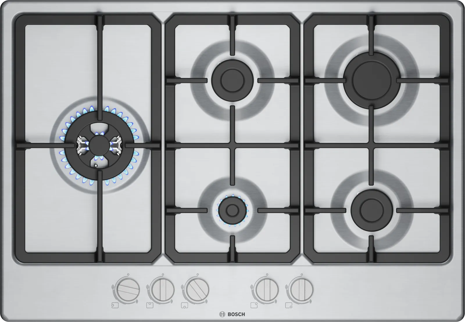 Bosch PGM7B5K90 Series 4 75cm 5 burner gas hob with wok burner in Stainless Steel