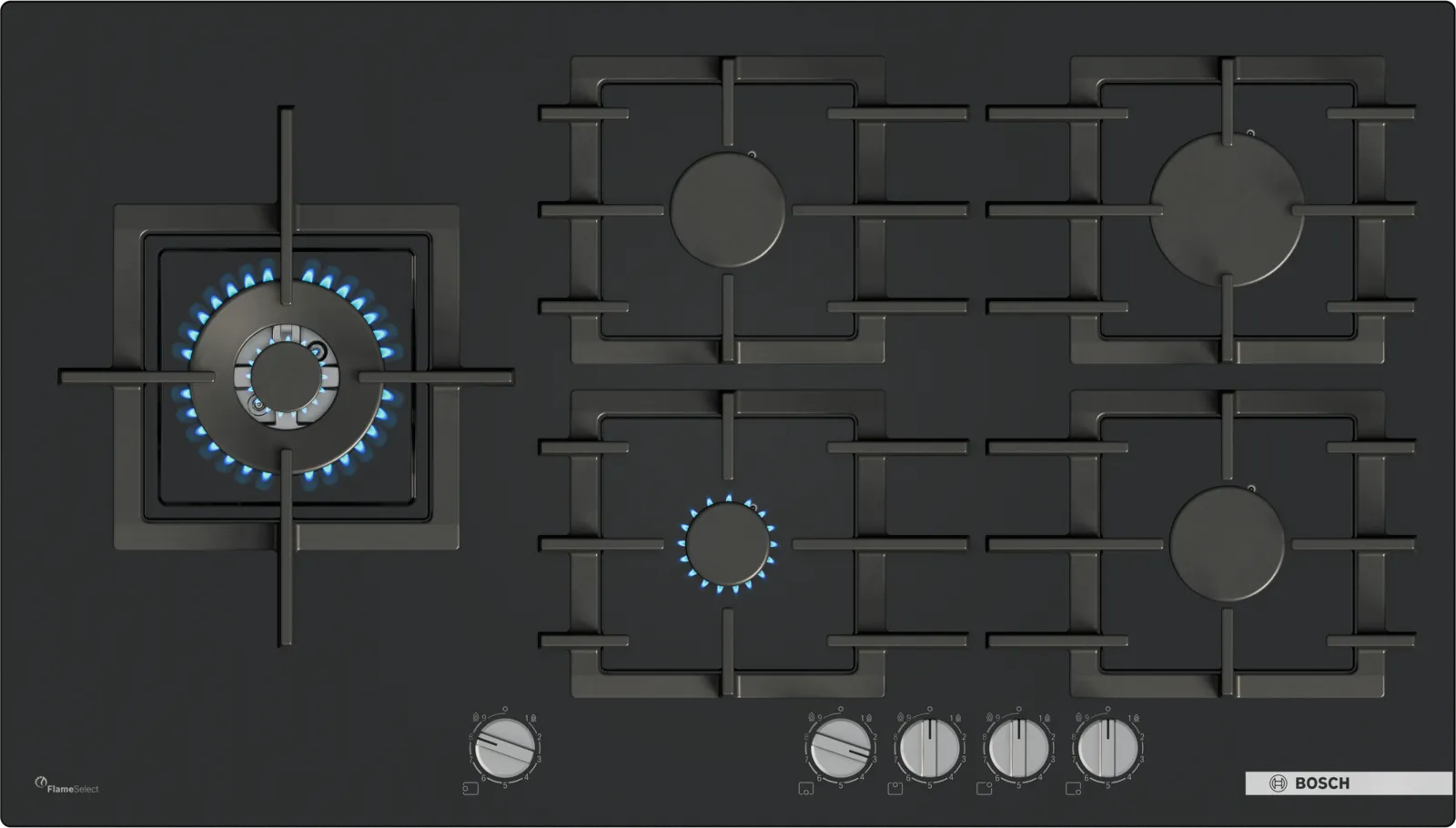 Bosch PPM9A6I40 Series 6 90cm 5 burner gas hob with wok burner in Black tempered glass