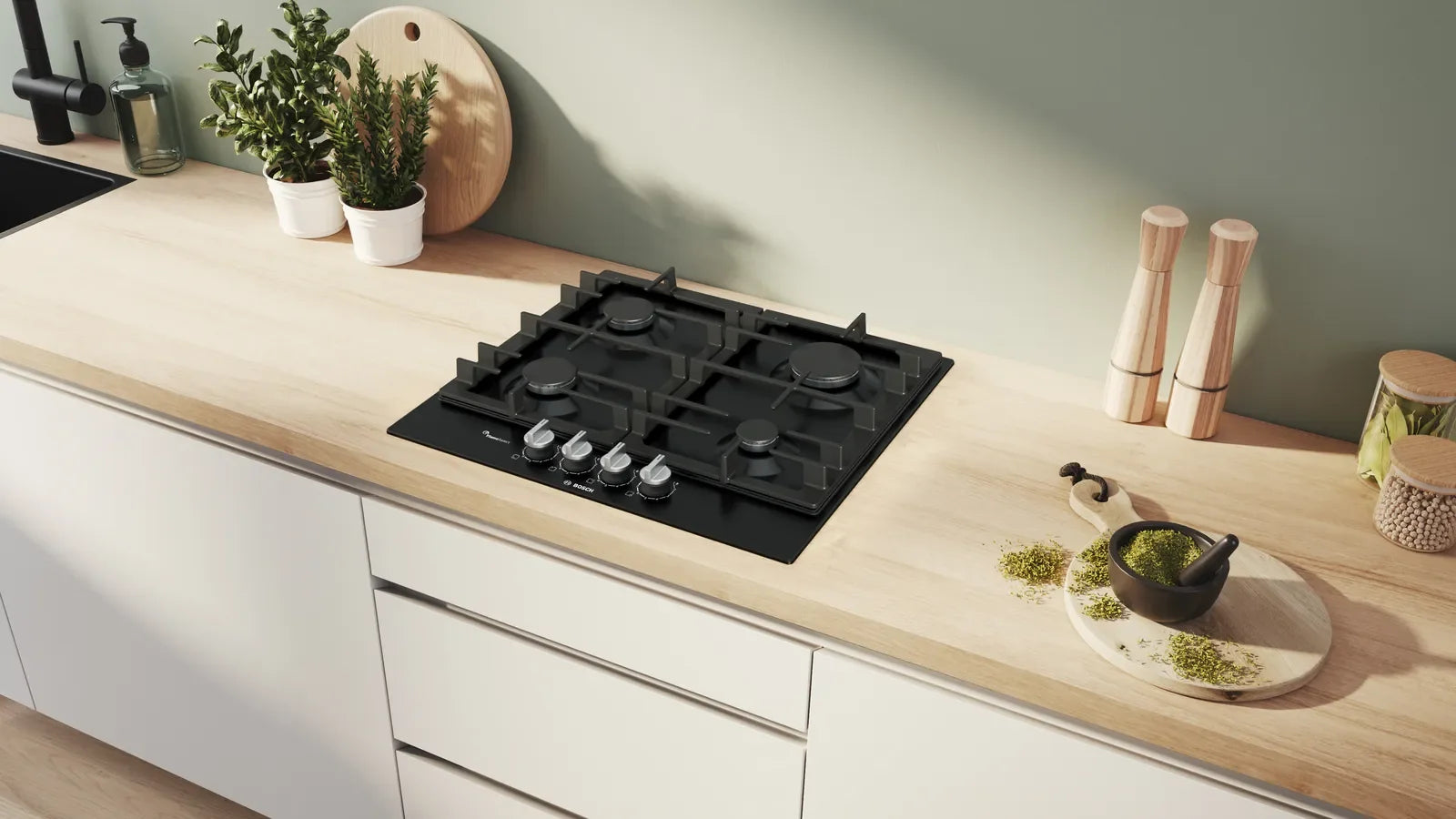 Bosch PCP6A6I90 Series 6 60cm 4 burner gas hob in Black enamel
