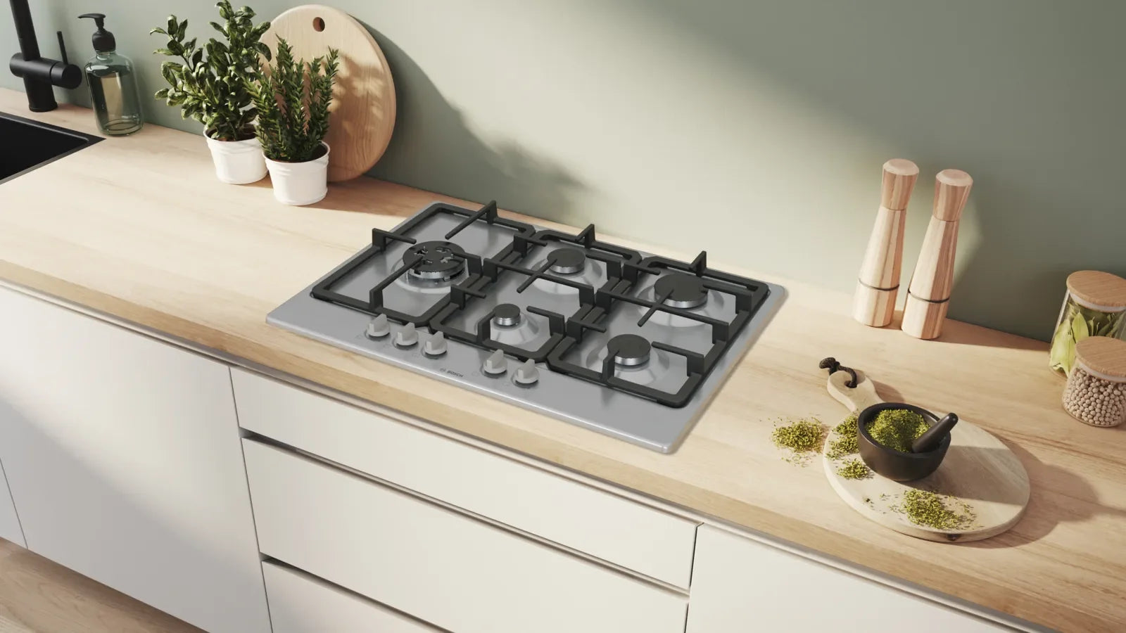 Bosch PGM7B5K90 Series 4 75cm 5 burner gas hob with wok burner in Stainless Steel